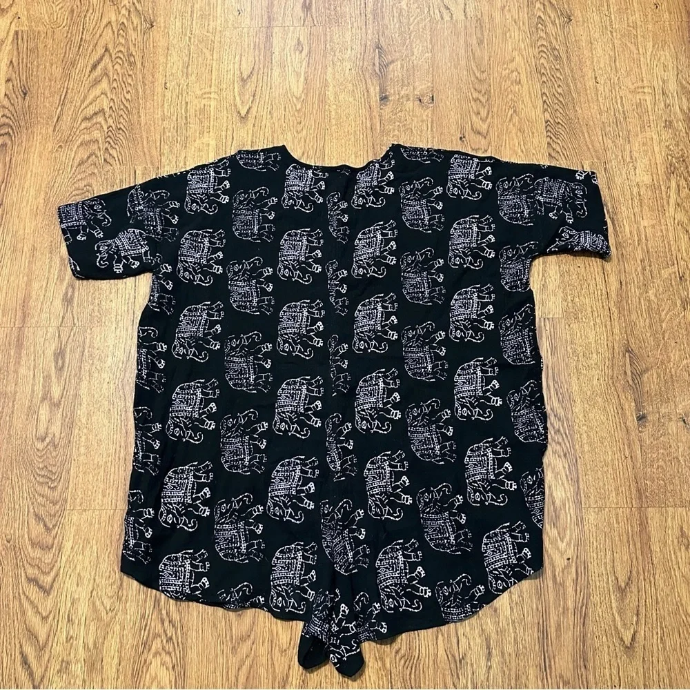 Free People Black Elephant Print Short Sleeve front buttons oversized Romper XS